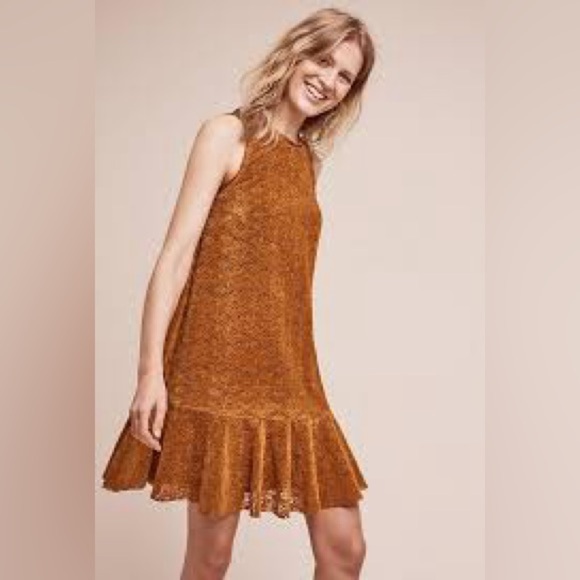 Anthropologie Maeve  Amis Lace Orange Tan Velvet Sleeveless Swing Dress Size 2 - Picture 1 of 11
